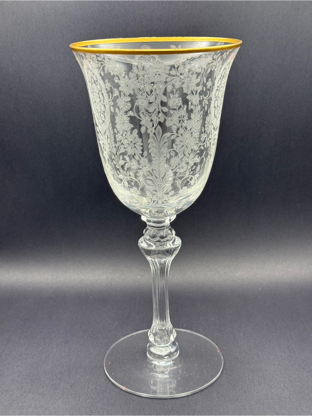 Tiffin Franciscan Etched Water Goblet with Gold Rim - June Night